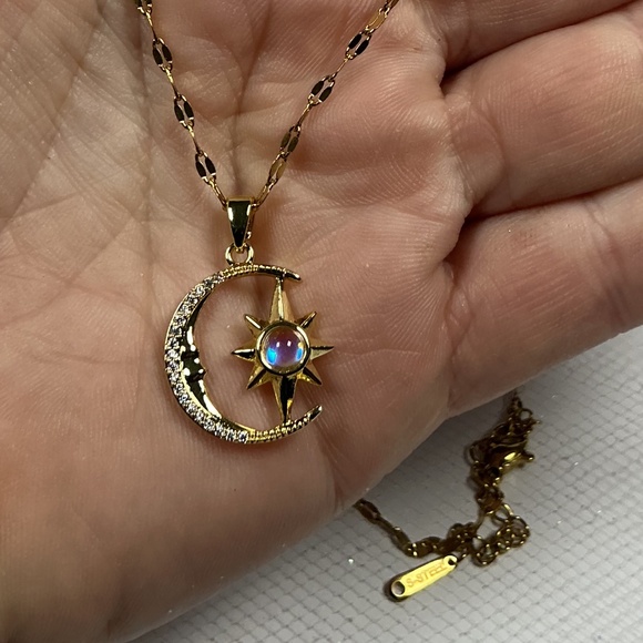 Gold Tone Cz Diamond Crescent Moon Pendant with Center Moonstone Style Accent - Picture 9 of 10